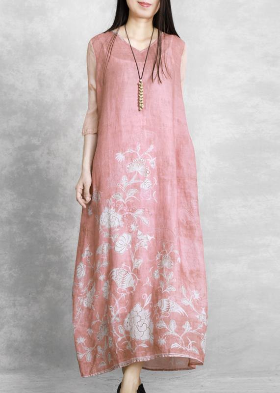 Chic v neck tie waist Wardrobes Catwalk pink print Dress - SooLinen