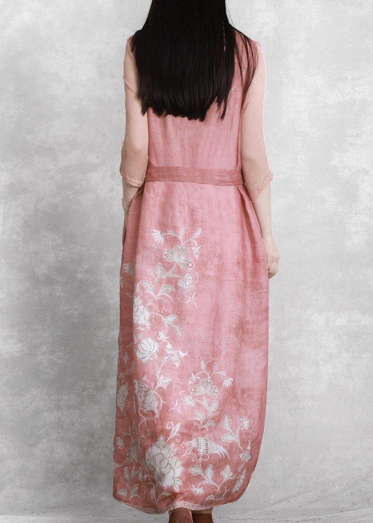 Chic v neck tie waist Wardrobes Catwalk pink print Dress - SooLinen
