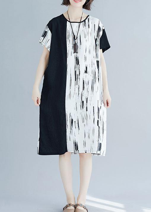 Chic white patchwork linen quilting clothes o neck Midi summer Dress - SooLinen