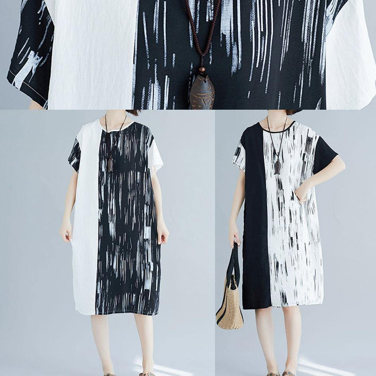 Chic white patchwork linen quilting clothes o neck Midi summer Dress - SooLinen