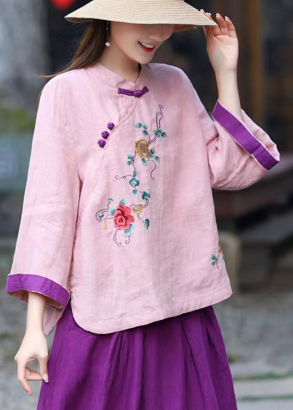 Chinese Style Blue Stand Collar Embroideried Linen Blouse Tops Long Sleeve