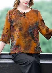 Seidenbluse mit orientalischem Knopfdruck im chinesischen Stil, gelb, mit O-Ausschnitt, halbärmelig