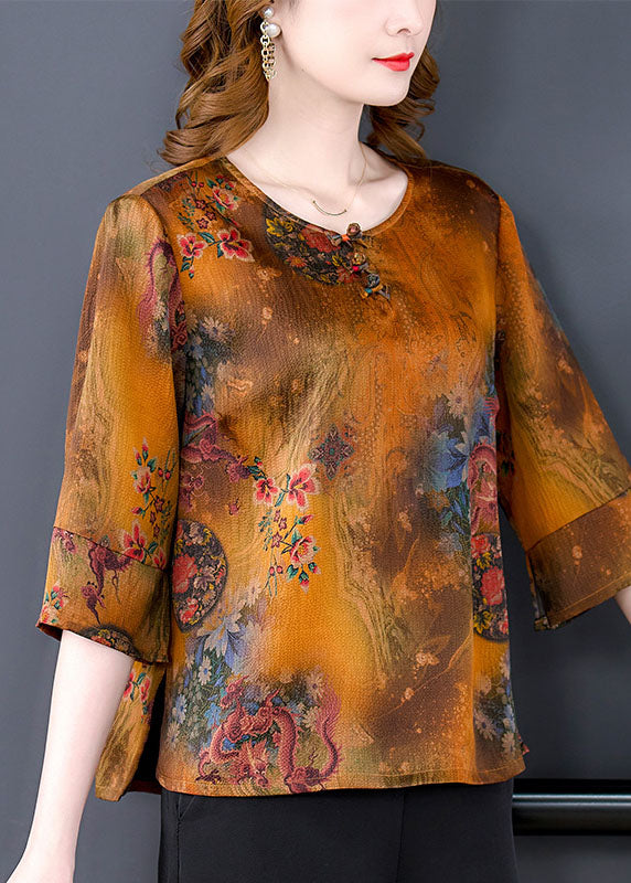 Seidenbluse mit orientalischem Knopfdruck im chinesischen Stil, gelb, mit O-Ausschnitt, halbärmelig