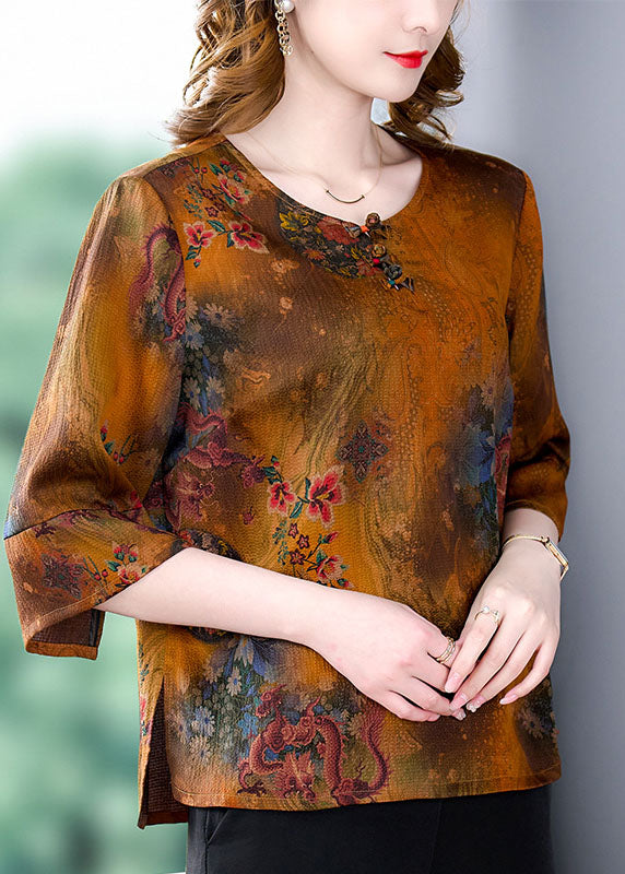 Seidenbluse mit orientalischem Knopfdruck im chinesischen Stil, gelb, mit O-Ausschnitt, halbärmelig