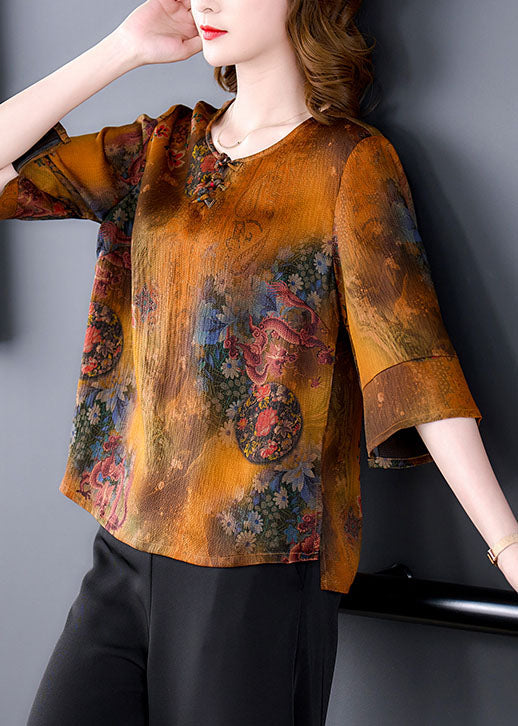 Seidenbluse mit orientalischem Knopfdruck im chinesischen Stil, gelb, mit O-Ausschnitt, halbärmelig
