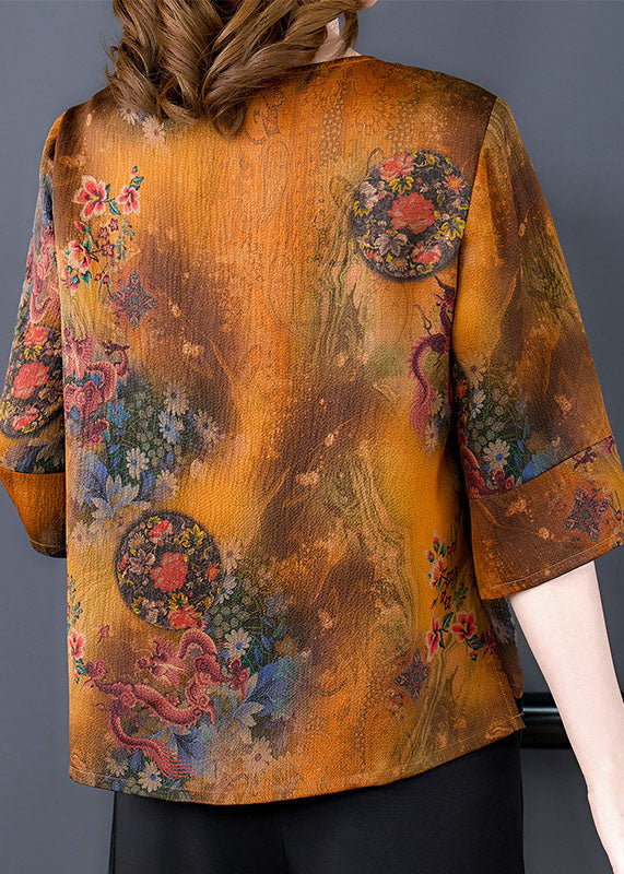 Seidenbluse mit orientalischem Knopfdruck im chinesischen Stil, gelb, mit O-Ausschnitt, halbärmelig