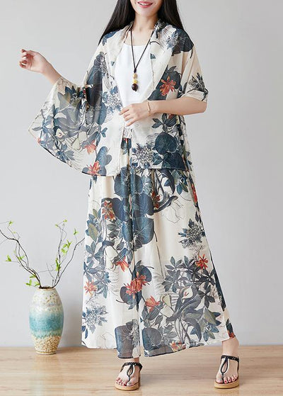Chinese style nude color printing retro loose large size casual chiffon skirt pants wide leg pants skirt + shawl - SooLinen