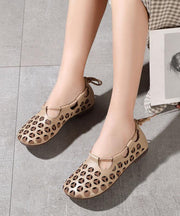 Chocolate Flat Shoes Cowhide Leather Vintage Hollow Out Flats - SooLinen