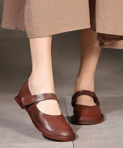 Chocolate Flat Shoes Genuine Leather Fine Embossed Flat Feet Shoes - SooLinen