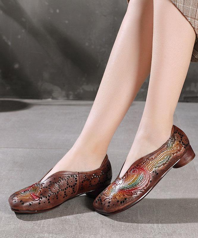 Chocolate Hollow Out Flat Embossed Shoes For Women - SooLinen