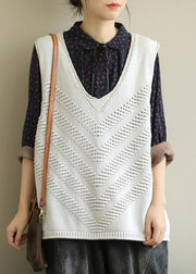 Chunky beige trendy plus size fall v neck sleeveless knitwear - SooLinen