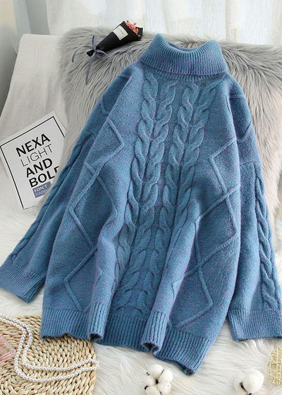 Chunky blue knit tops cable casual high neck knitwear - SooLinen