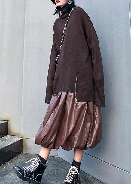 Chunky chocolate crane tops casual high neck Batwing Sleeve knitwear - SooLinen