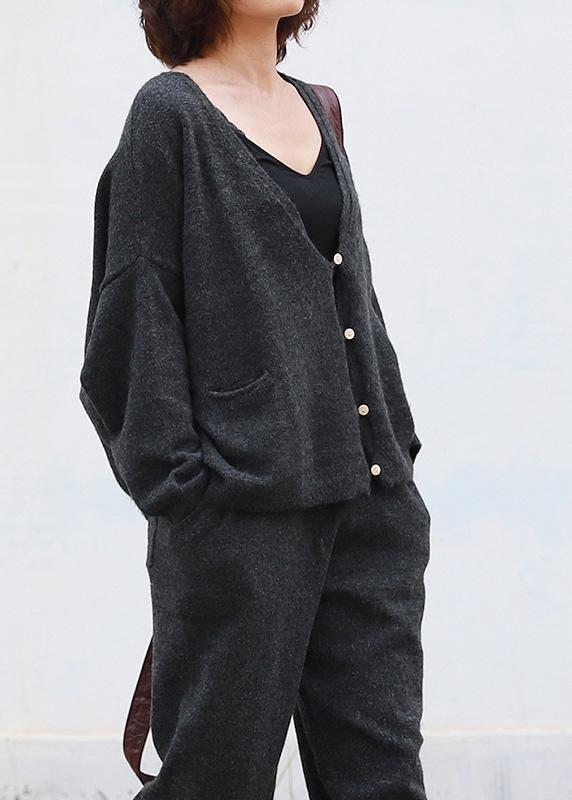 Chunky dark gray knit jacket casual v neck knitwear pockets - SooLinen