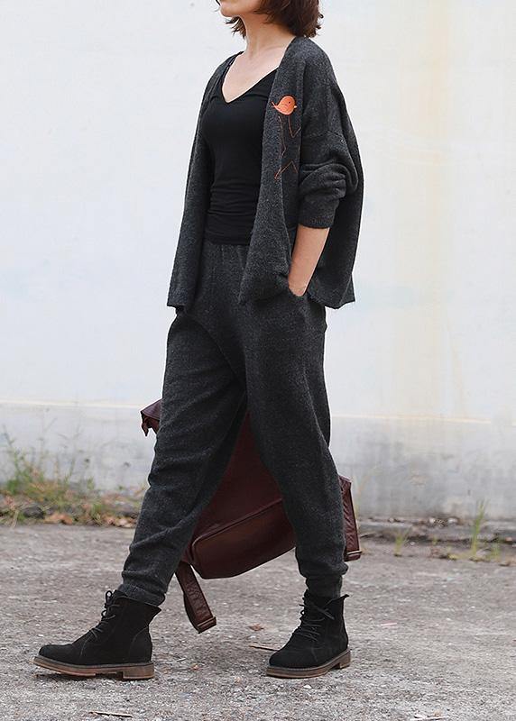 Chunky dark gray knit jacket casual v neck knitwear pockets - SooLinen