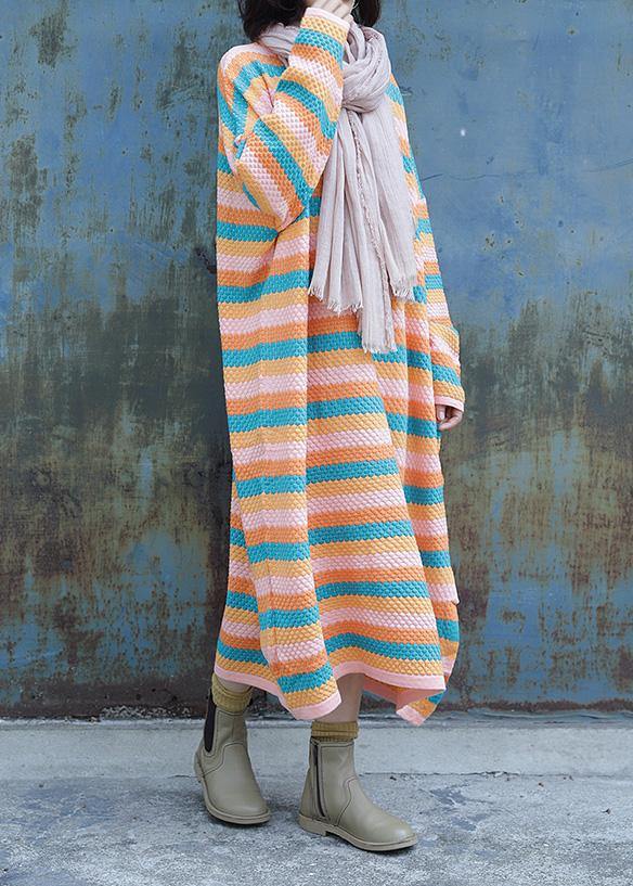 Chunky o neck Sweater side open dress outfit plus size striped baggy knitted tops - SooLinen