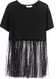 Nobles schwarzes O-Neck-Nagel-Korn-Patchwork-Sommer-Tüll-T-Stück Kurzarm