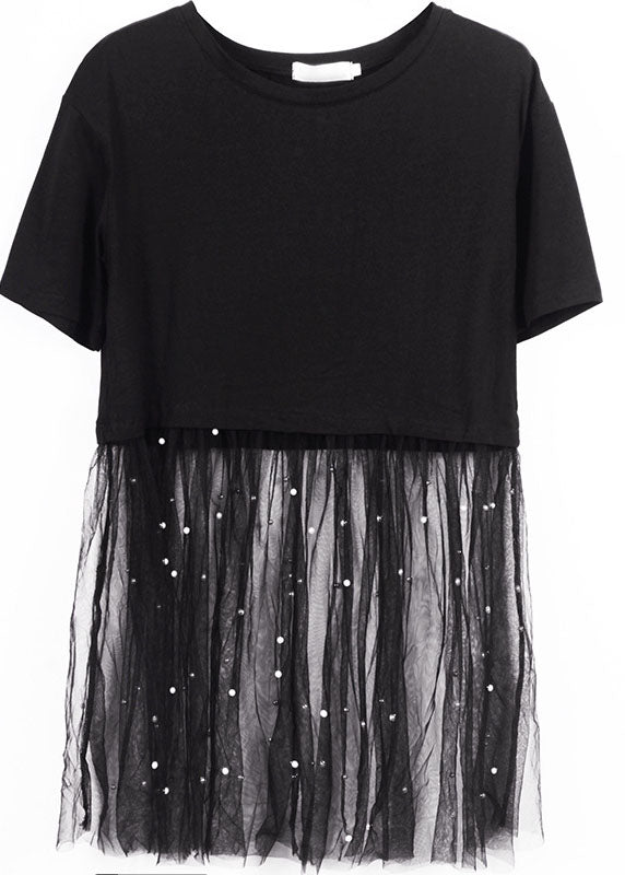Nobles schwarzes O-Neck-Nagel-Korn-Patchwork-Sommer-Tüll-T-Stück Kurzarm