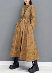 Classy Brown Pockets Tie Waist Embroideried Fall Long Sleeve Long Dress - SooLinen