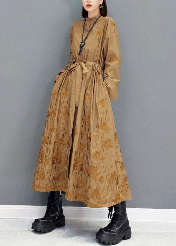 Classy Brown Pockets Tie Waist Embroideried Fall Long Sleeve Long Dress - SooLinen
