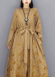 Classy Brown Pockets Tie Waist Embroideried Fall Long Sleeve Long Dress - SooLinen
