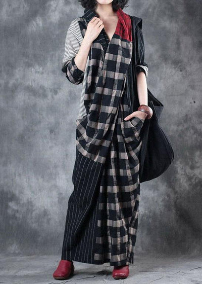 Classy Colorblock Plaid V Neck Pockets Holiday Dress Fall Long Sleeve - SooLinen