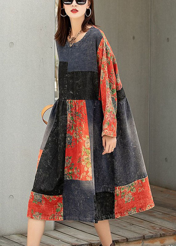 Classy Colorblock Print Patchwork Pockets Fall Maxi Dresses Half Sleeve