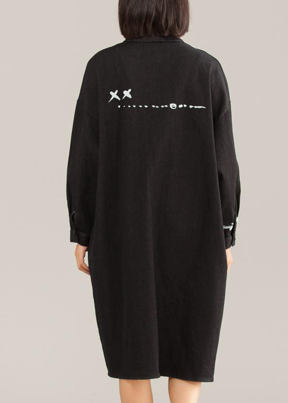 Classy Cotton quilting clothes Vintage Black Casual Cotton Graffiti Arrow Loose Dress