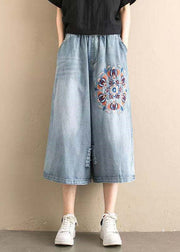 Classy Denim Blue Elastic Waist Hole Embroideried Pockets Cotton Wide Leg Pants Summer