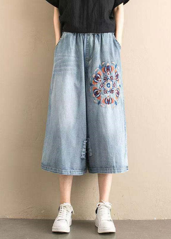 Classy Denim Blue Elastic Waist Hole Embroideried Pockets Cotton Wide Leg Pants Summer