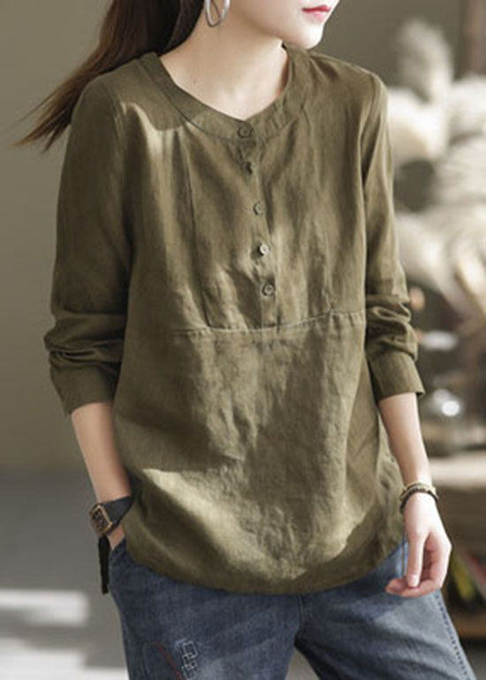 Classy Green O-Neck button Patchwork cotton blend Shirt Top Long Sleeve