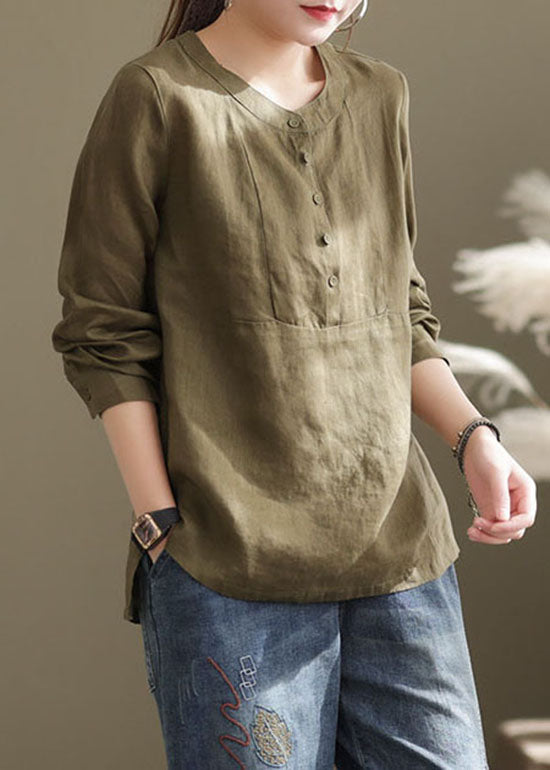 Classy Green O-Neck button Patchwork cotton blend Shirt Top Long Sleeve
