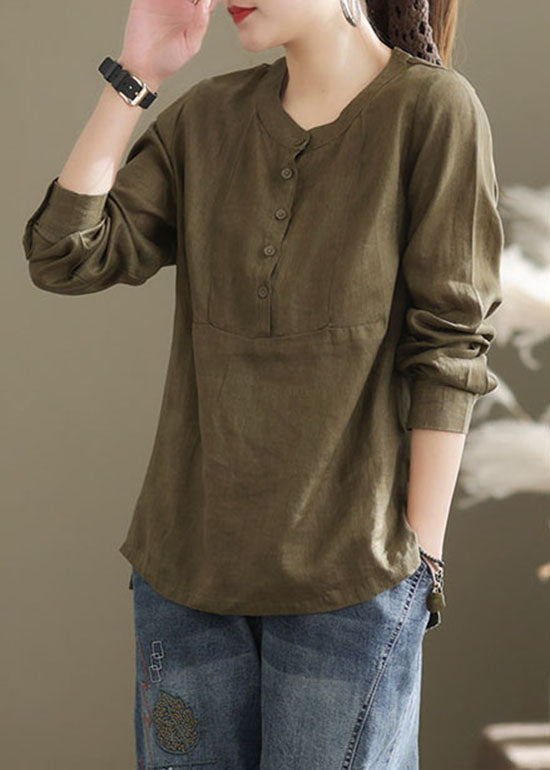 Classy Green O-Neck button Patchwork cotton blend Shirt Top Long Sleeve
