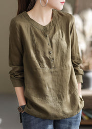 Classy Green O-Neck button Patchwork cotton blend Shirt Top Long Sleeve