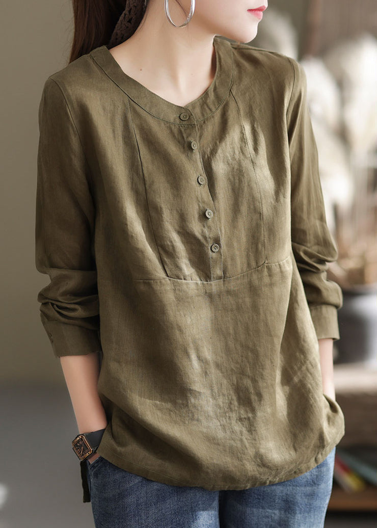 Classy Green O-Neck button Patchwork cotton blend Shirt Top Long Sleeve
