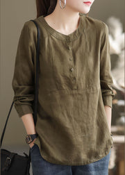Classy Green O-Neck button Patchwork cotton blend Shirt Top Long Sleeve