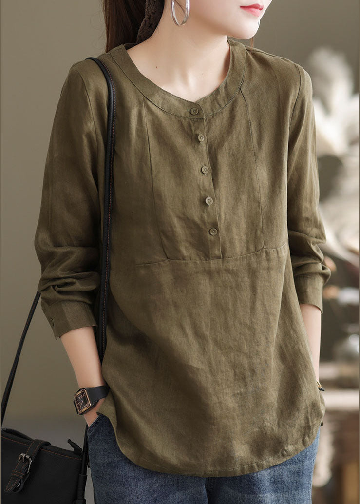 Classy Green O-Neck button Patchwork cotton blend Shirt Top Long Sleeve
