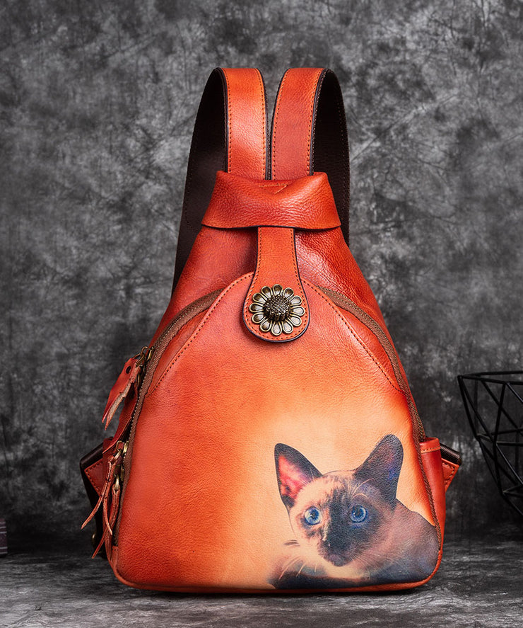Eleganter grüner Rucksack aus Kalbsleder mit Kätzchen-Print
