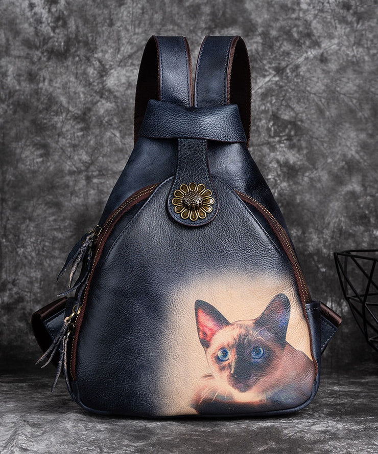 Eleganter grüner Rucksack aus Kalbsleder mit Kätzchen-Print
