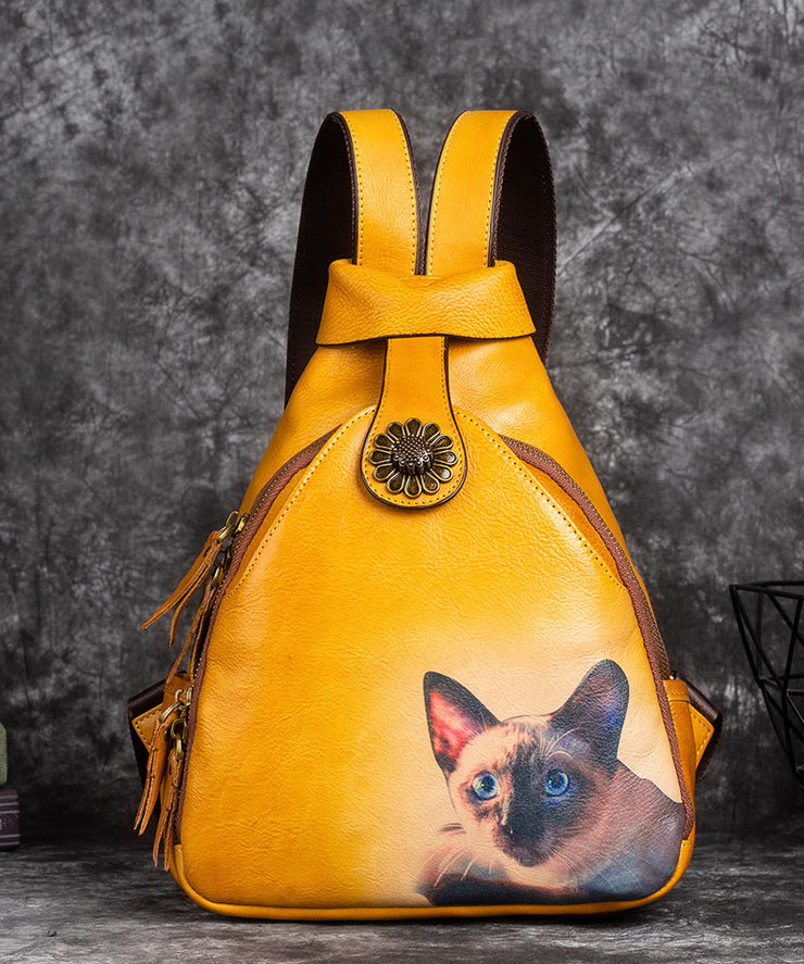 Eleganter grüner Rucksack aus Kalbsleder mit Kätzchen-Print