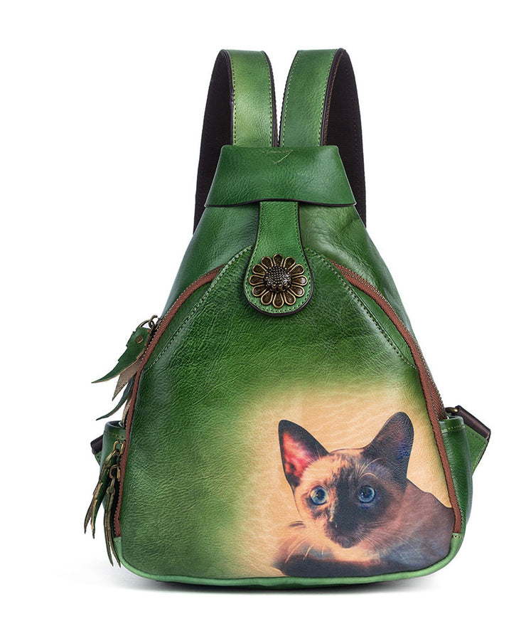 Eleganter grüner Rucksack aus Kalbsleder mit Kätzchen-Print