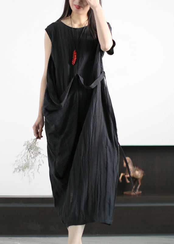 Elegantes, grau-lila, faltiges, asymmetrisches Leinenkleid mit Taillenbund
