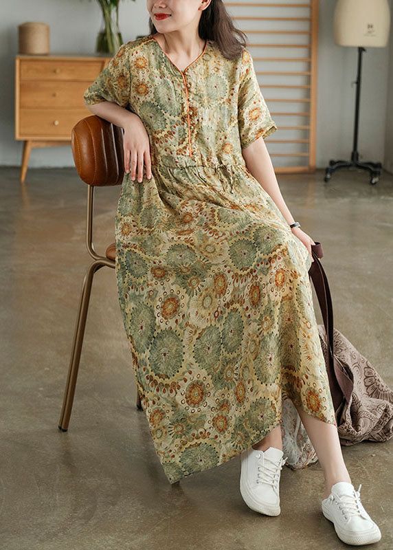 Nobles Khaki-Knopf-Krawatten-Taillen-Druck-Herbst-Maxikleid mit halben Ärmeln