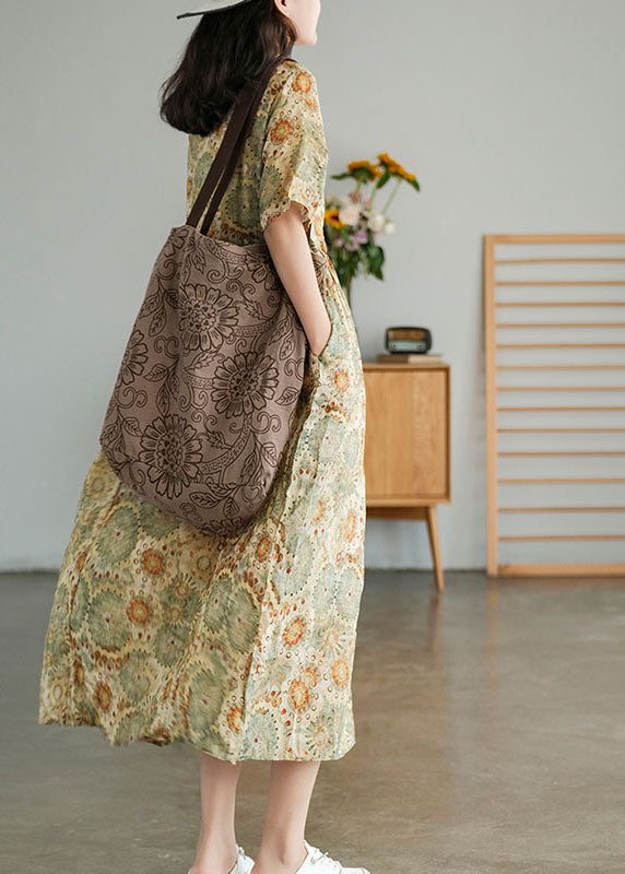 Nobles Khaki-Knopf-Krawatten-Taillen-Druck-Herbst-Maxikleid mit halben Ärmeln