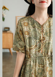 Nobles Khaki-Knopf-Krawatten-Taillen-Druck-Herbst-Maxikleid mit halben Ärmeln