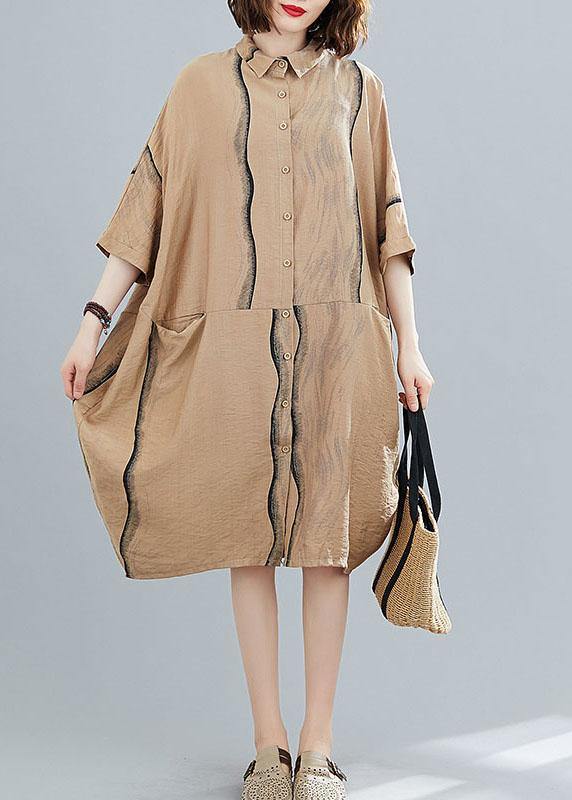 Khaki Plaid Color Block Patchwork Ruffle Hem Tunic Shirt Dress