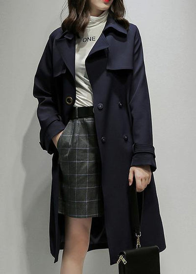 Classy Notched double breast Plus Size trench coat navy silhouette outwear - SooLinen