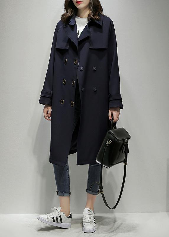 Classy Notched double breast Plus Size trench coat navy silhouette outwear - SooLinen