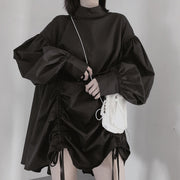 Classy O Neck Drawstring Tunics Sleeve Black Dress - SooLinen