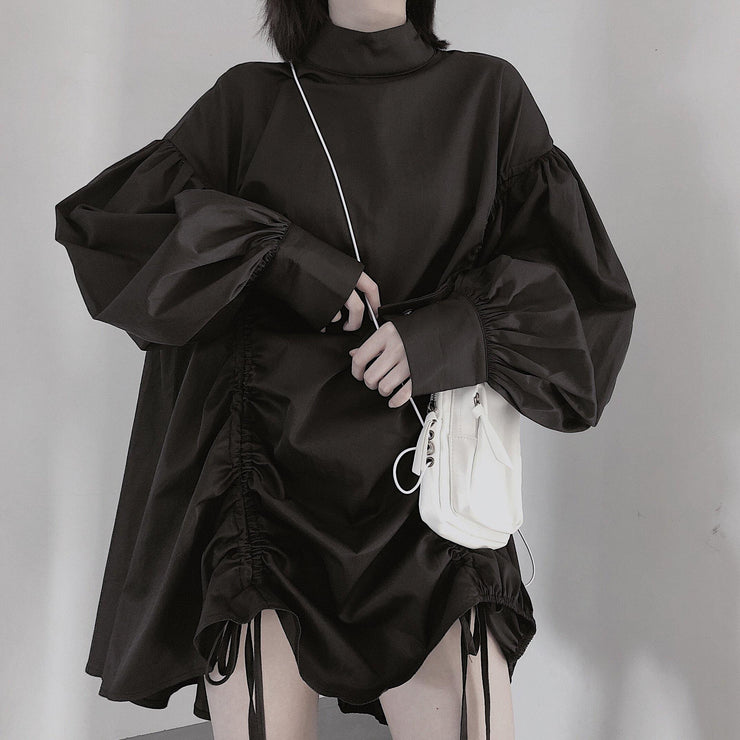 Classy O Neck Drawstring Tunics Sleeve Black Dress - SooLinen
